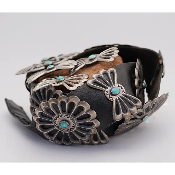 Vintage Louise Morgan Navajo Sterling Silver Sand Cast Turquoise Concho Belt - Picture 5 of 9